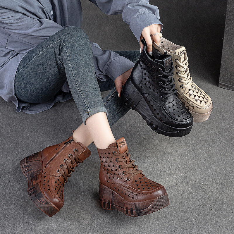 Women Retro Hollow Leather Chunky Platform Boots-RAIIFY