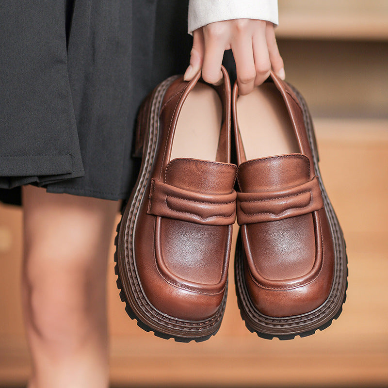 Women Casual Retro Leather Low Block Loafers-RAIIFY