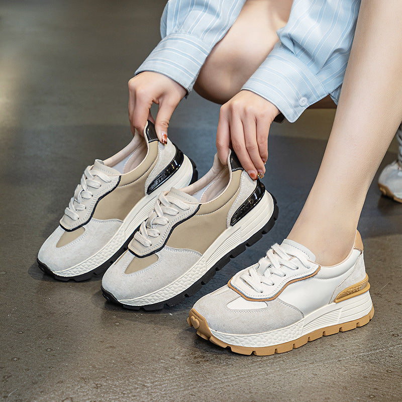 Women Minimalist Fashion Leather Thick Soled Casual Sneakers-RAIIFY