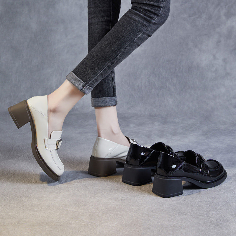 Women Glossy Leather Casual Chunky Heel Loafers-RAIIFY