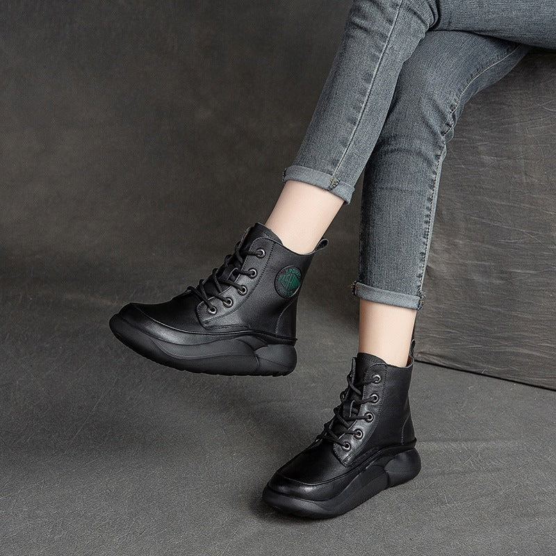 Women Retro Patchwork Leather Lace-Up Flat Boots-RAIIFY
