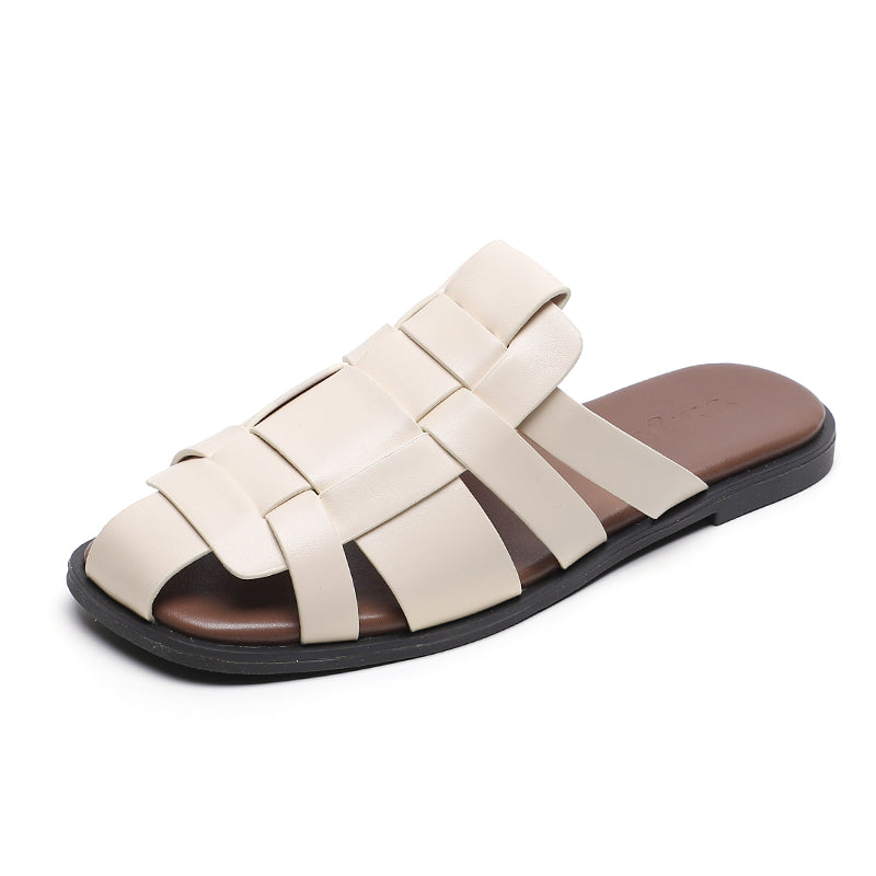 Women Summer Plaited Leather Slide Sandals-RAIIFY