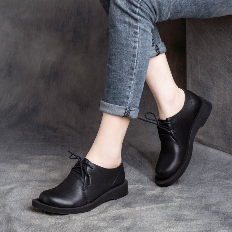 Women Retro Solid Cowhide Casual Shoes-RAIIFY