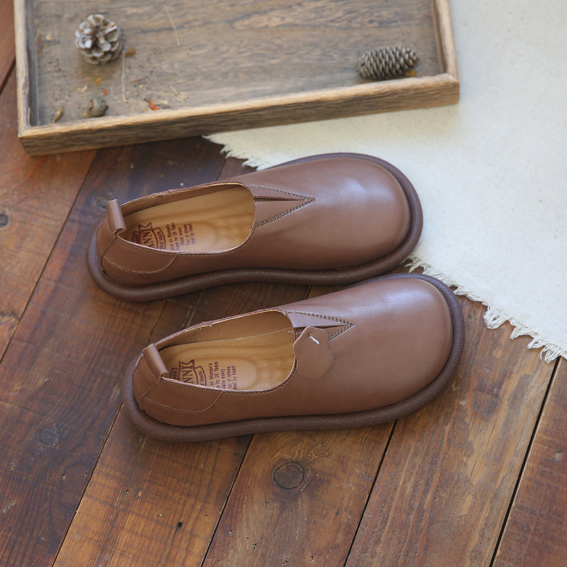 Women Retro Solid Soft Leather Flat Casual Shoes-RAIIFY