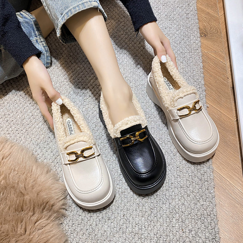 Women Minimalist Furred Thick Soled Winter Loafers-RAIIFY