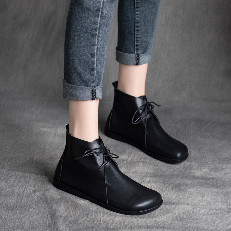 Women Solid Leather Retro Causal Flat Boots-RAIIFY