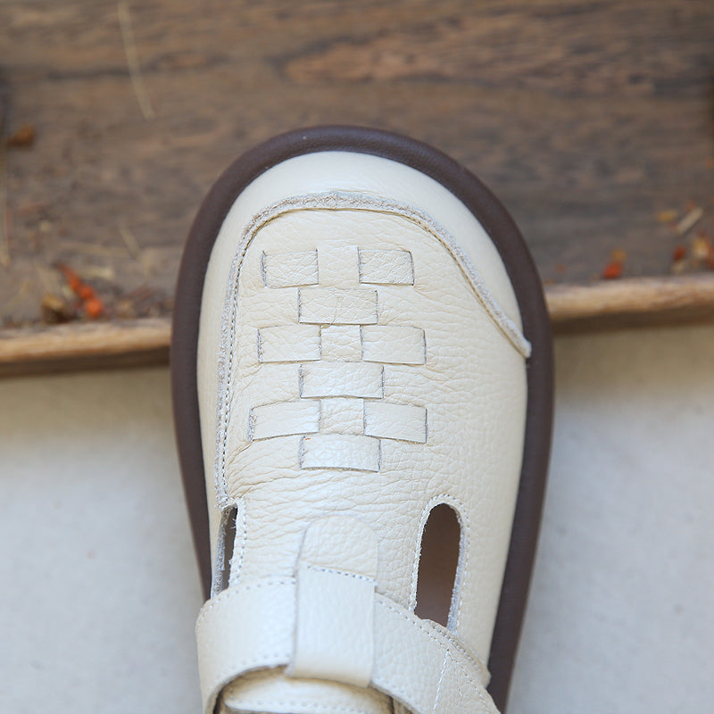 Women Plaited Leather Velcro Summer Casual Sandals-RAIIFY