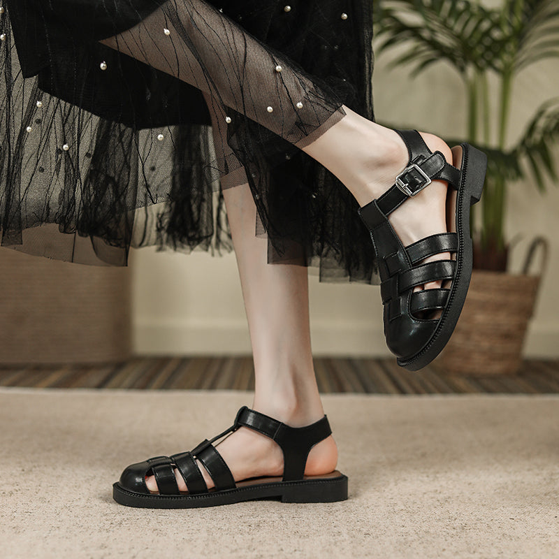 Women Summer Soft Plaited Leather Flat Sandals-RAIIFY