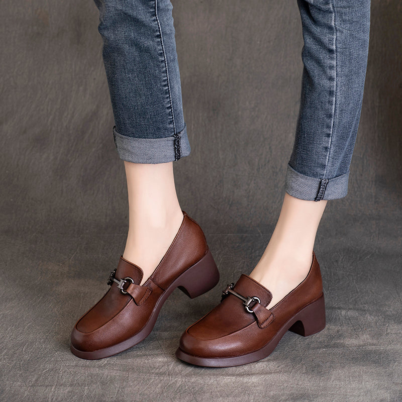 Women Retro Handmade Round Head Leather Loafers-RAIIFY