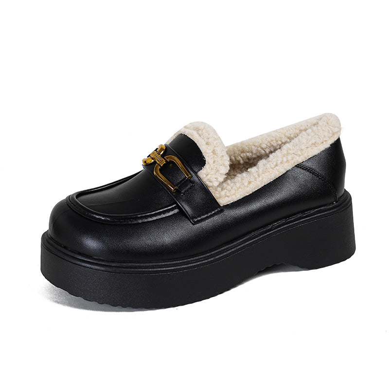 Women Minimalist Furred Thick Soled Winter Loafers-RAIIFY