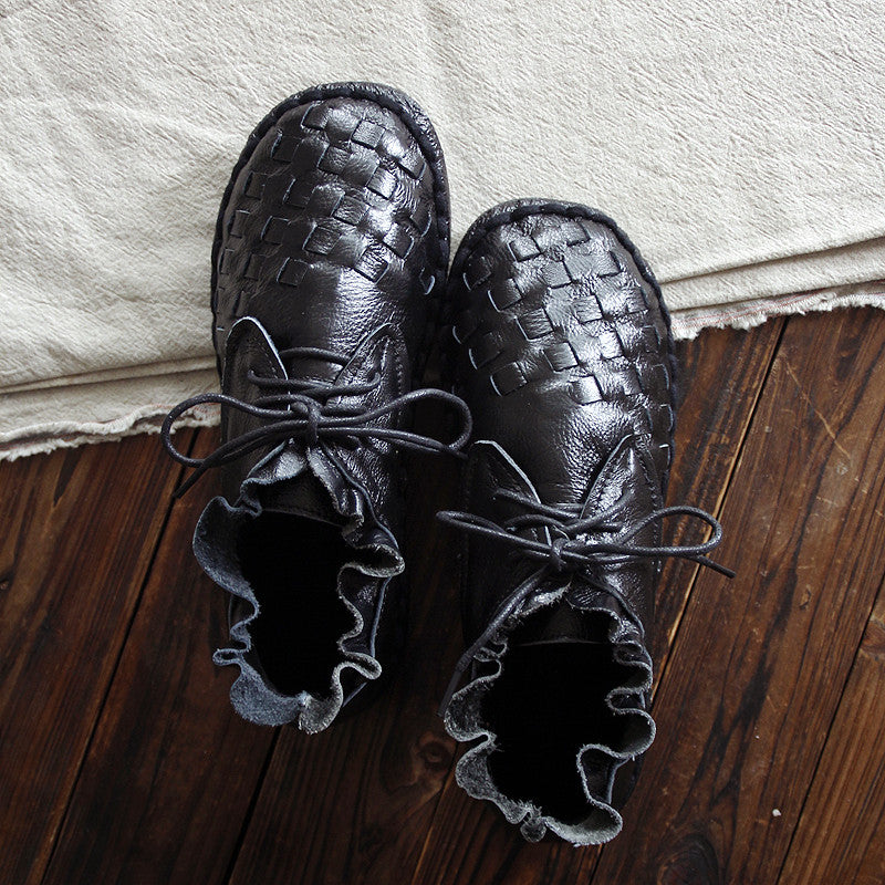 Women Handmade Plaited Leather Casual Boots-RAIIFY